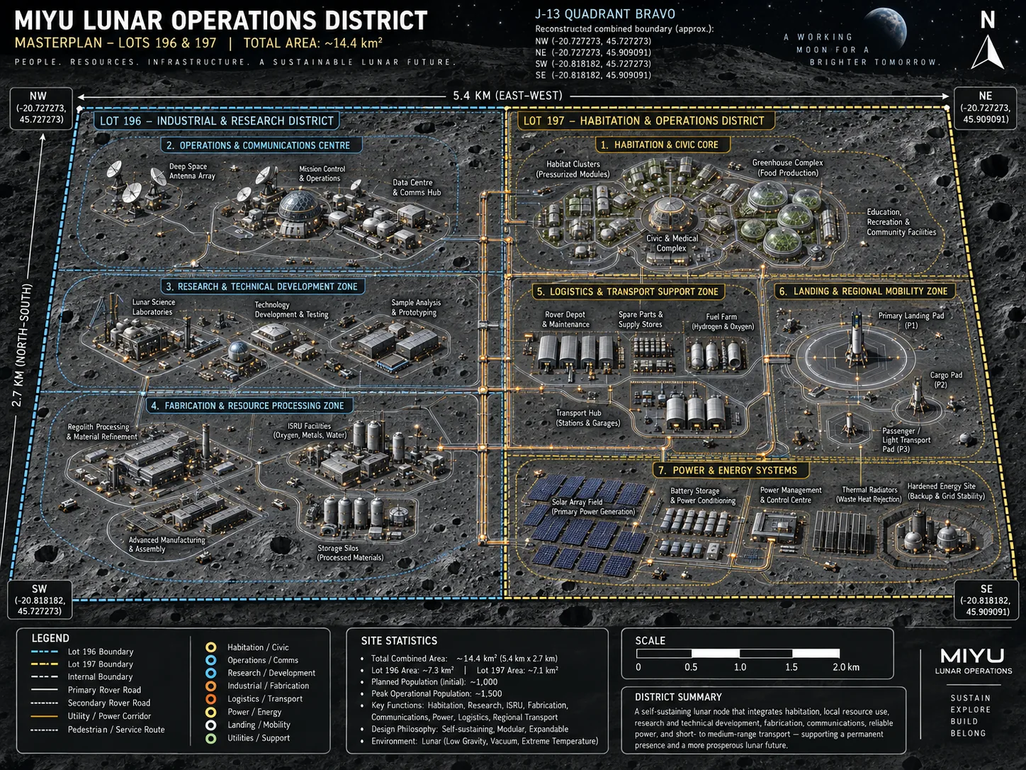 Annotated full masterplan of Lots 196 and 197 with habitation, operations, research, manufacturing, transport and power zones