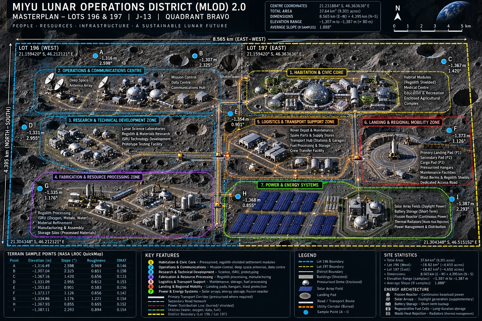Annotated full masterplan of Lots 196 and 197 with habitation, operations, research, manufacturing, transport and power zones